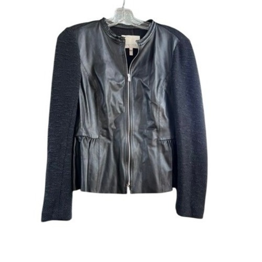 Rebecca‎ Taylor Black Lamb Leather Tweed Mixed Media Peplum Jacket 6 716587J607